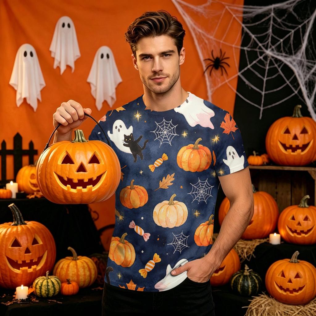 Men's Halloween Printed Neck Short Sleeve T-Shirt