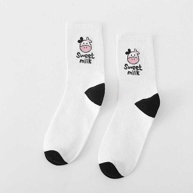 Neuheiten Kuhdruck Socke Lieblich Harajuku Japanischer Stil Baumwolle Damen Socken Gestreift Uni Atmungsaktiv Lässig Cartoon Socken
