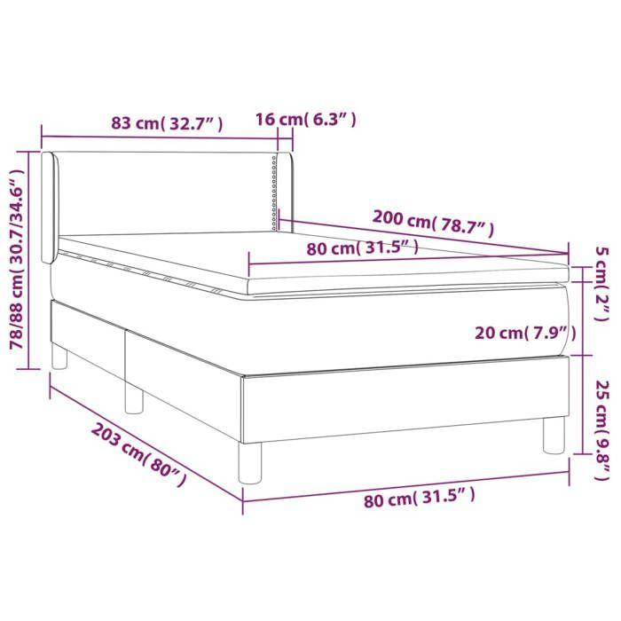 3130866 vidaXL Lit à sommier tapissier et matelas Gris foncé 80x200 cm Velours