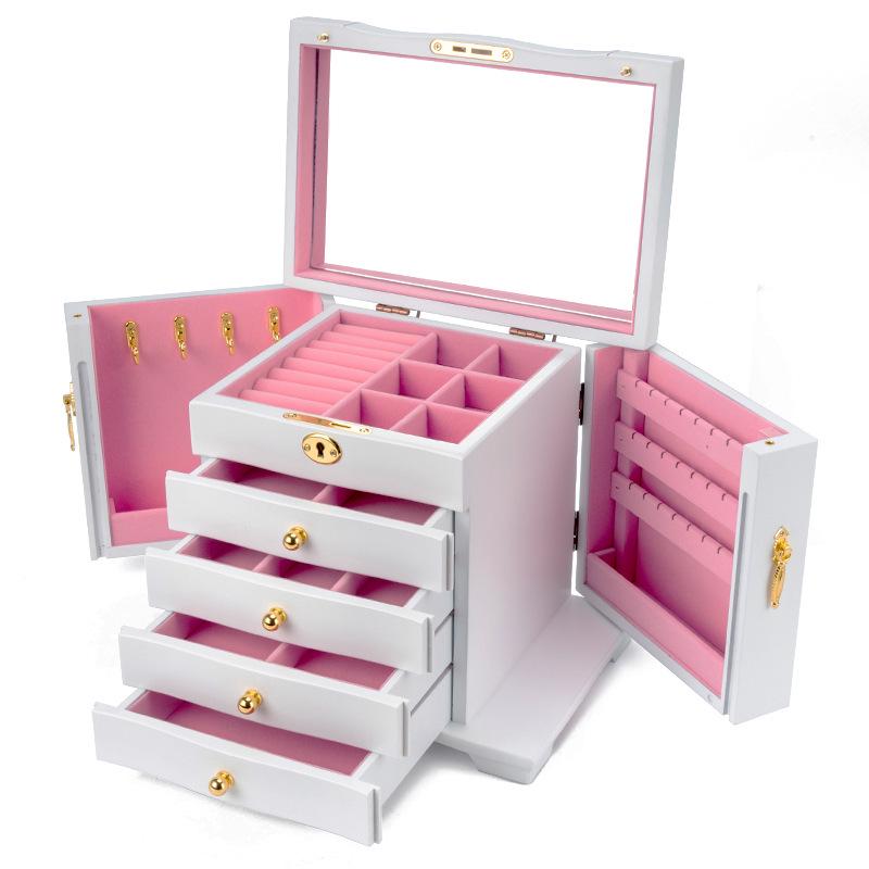 Mid-Century Solid Wood Jewelry Box with Lock: Multi-Layer Storage and Velvet Interior