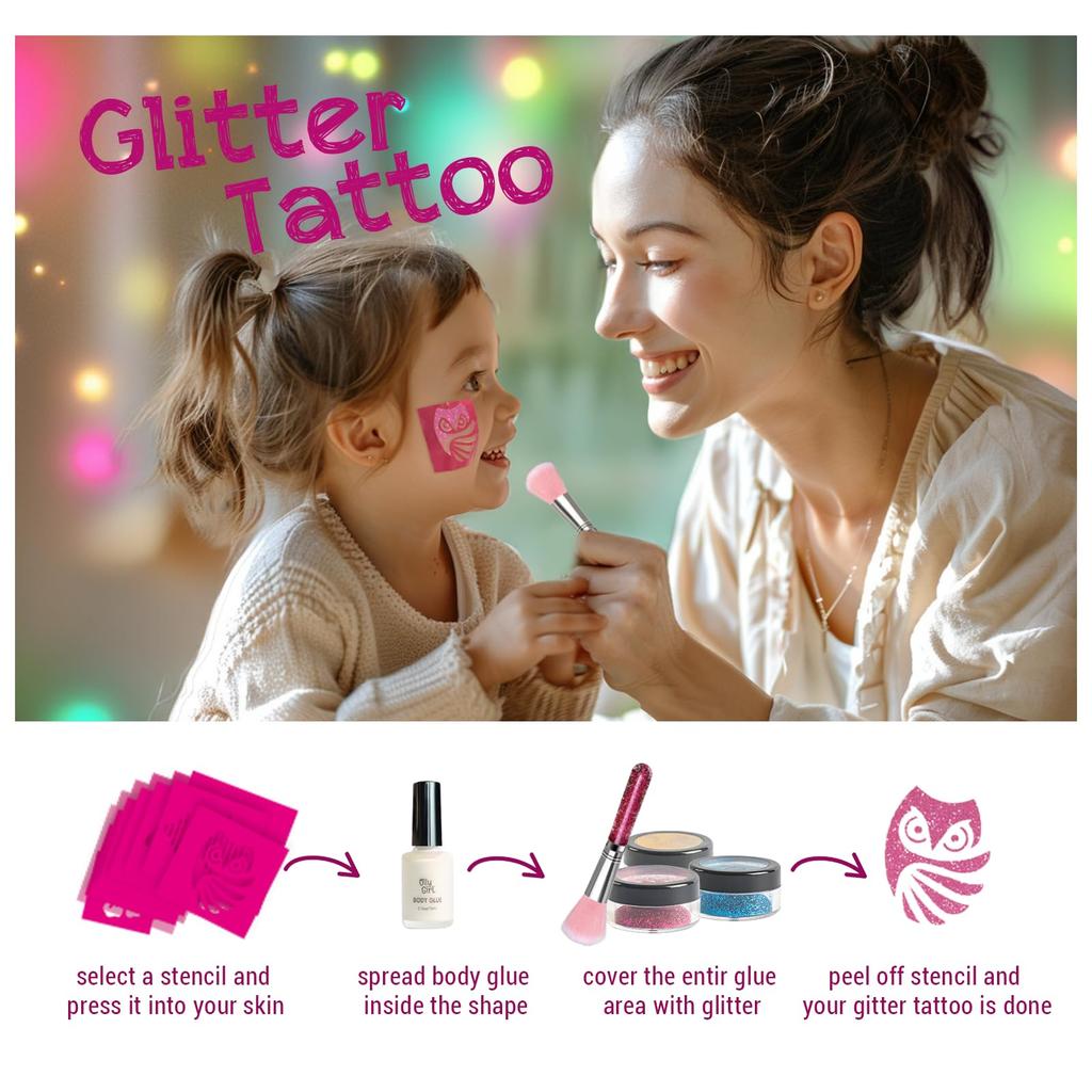 [XXTOYS] Tattoo Toys for Girls  3-color Glitter Powder (rose Pink, Gold, Blue) + 2 Tattoo Stickers + 1 Tattoo Glue + Foil Paper Set  Tattoo Set for