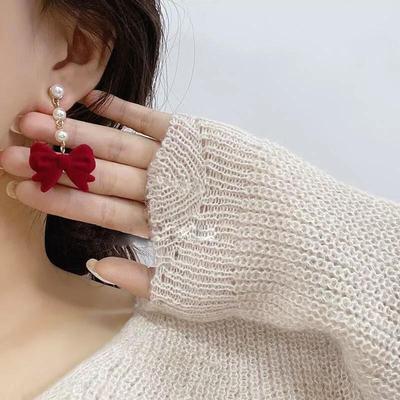 Burgundy Velvet Bow Pearl Earrings: Elegant, Graceful, and Perfect for Autumn, Winter, and New Year.