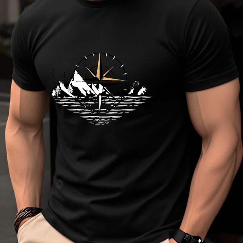 Men's Summer Short Sleeve T-Shirt Vintage Compass Pattern Design Fashionable Elegant Top Breathable Round Neck Men's Clothing