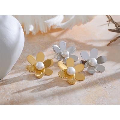 Yhpup Fashion Smooth Stainless Steel Simulated Pearls Flower Daily Trendy Stud Earrings Waterproof Attractive Jewelry Accessory