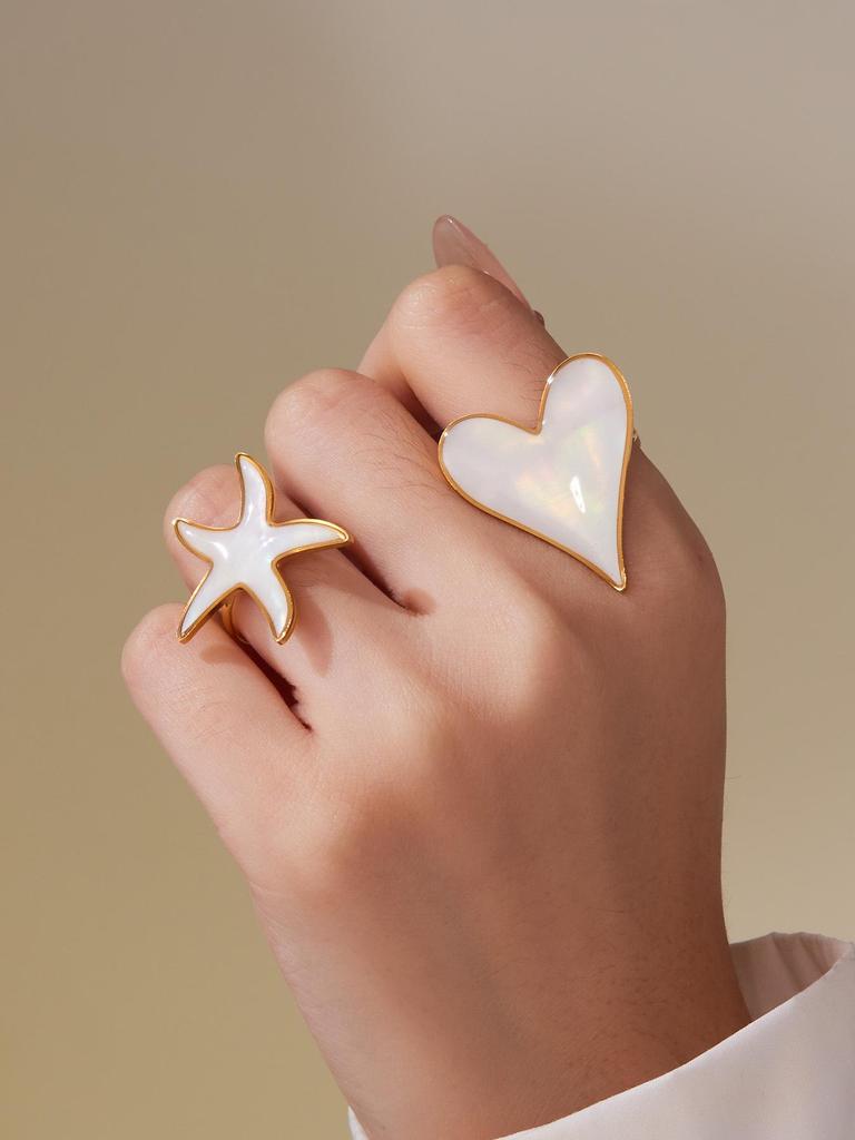 Oumeka Natural Seashell Heart Earrings & Ring Set - Stainless Steel Fashion Jewelry