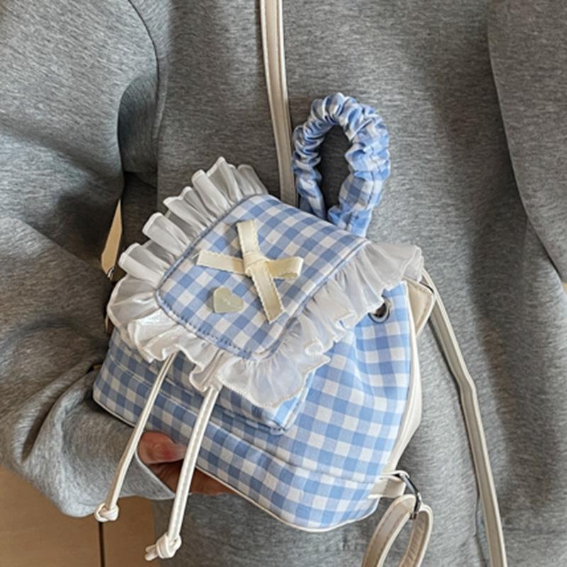 Foreign Style Girl Commuter Backpack, Portable Drawstring Lid, Contrasting Color Plaid, College Style Schoolbag, Texture Embroidery Backpack.