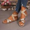 Modne szampańskie sandały na niskim obcasie z paskami wokół kostki damskie lekkie płaskie sandały z krzyżowym wiązaniem damskie modne letnie antypoślizgowe sandały damskie