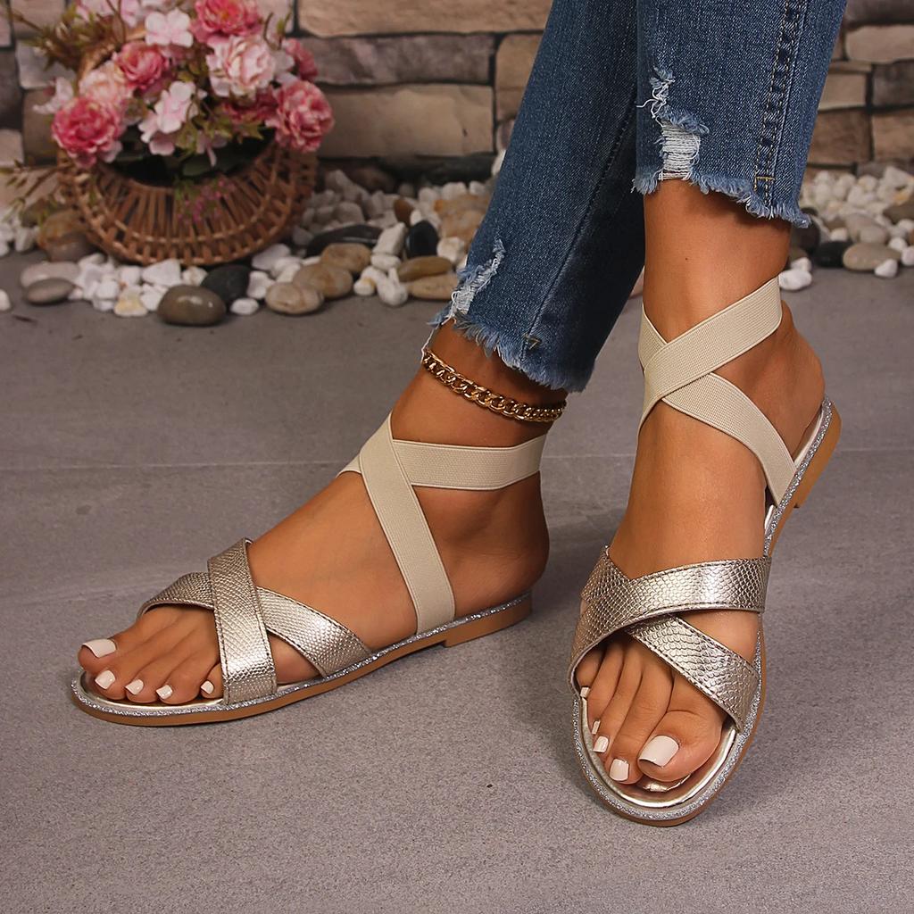 Modne szampańskie sandały na niskim obcasie z paskami wokół kostki damskie lekkie płaskie sandały z krzyżowym wiązaniem damskie modne letnie antypoślizgowe sandały damskie