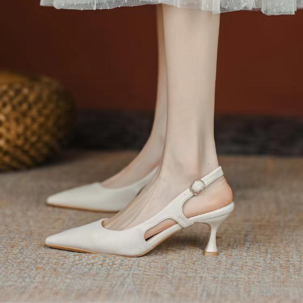 Summer Mid-heel Pointed Toe Single Shoes Leather Toe Sandals Women's Shoes Solid Color Fashion Elegant Single Shoes for Women