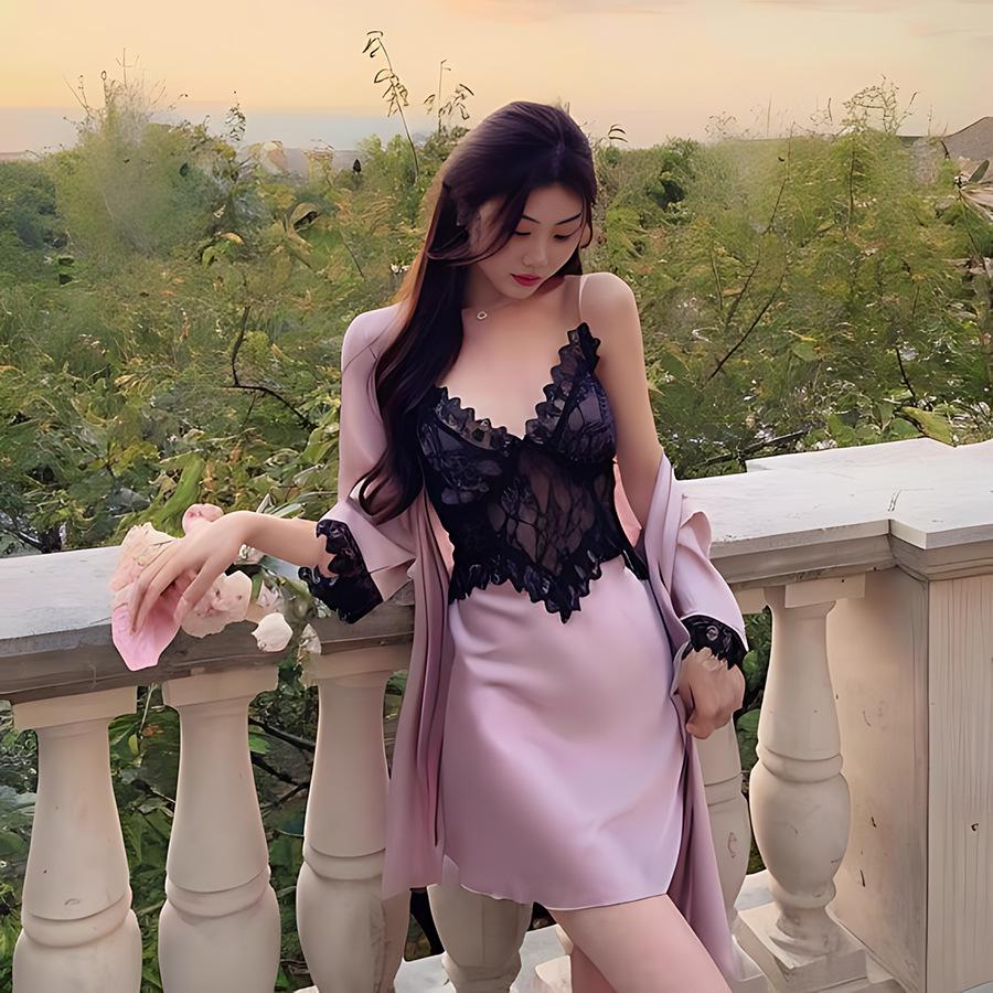 2026 Spring/Summer Ice Silk Lace Nightgown Set for Women with Chest Pads - Sexy and Luxurious Two-Piece Homewear Pajamas