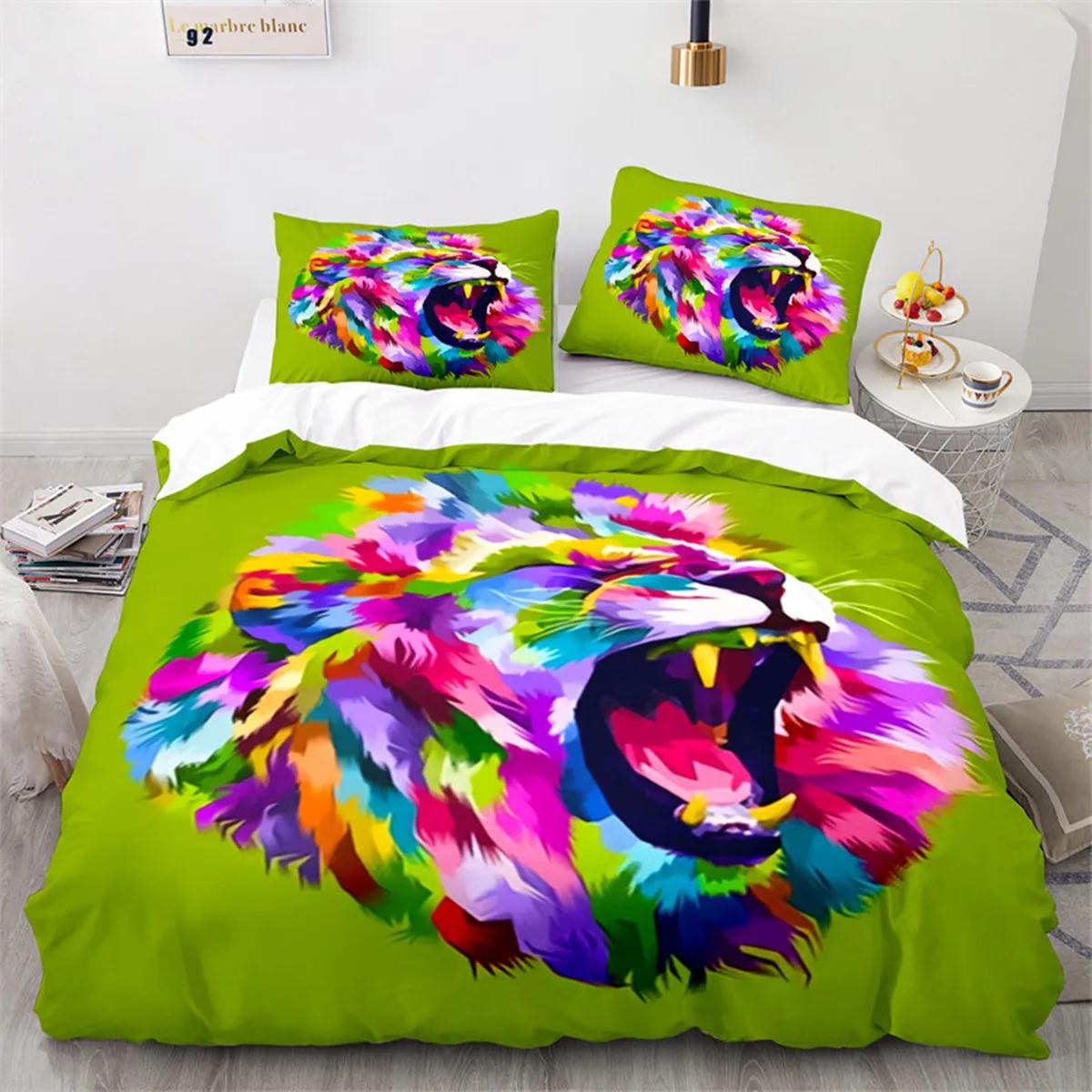 

Comforter Fierce Colorful Lion Leopard And Tiger Head 3D Lion Microfiber Wild Animals Theme For Teen Boys Young Man Room Decor Comforter (quilt)-EU Single(135*200cm)3pcs