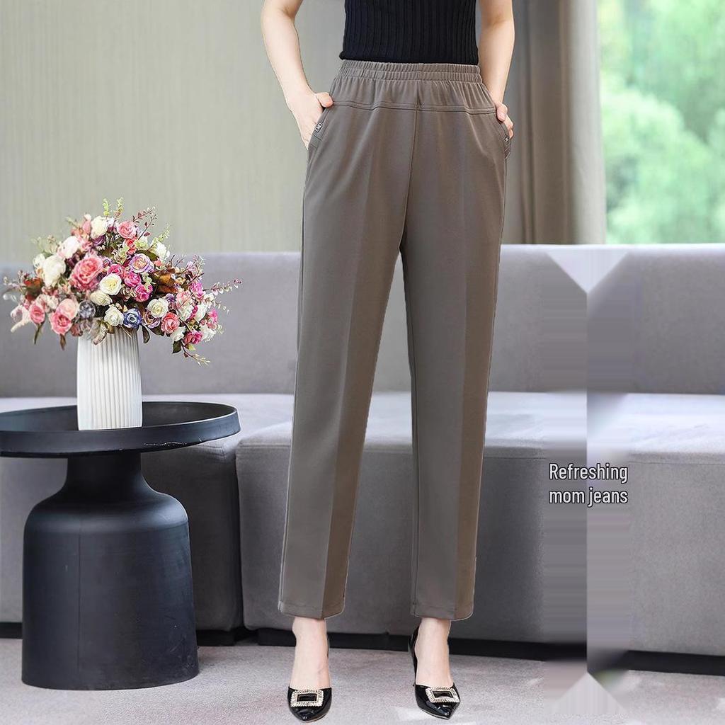 Ice Silk Elastic Waist Casual Pants for Middle-Aged & Elderly Women - Plus Size, Loose Straight-Leg Trousers