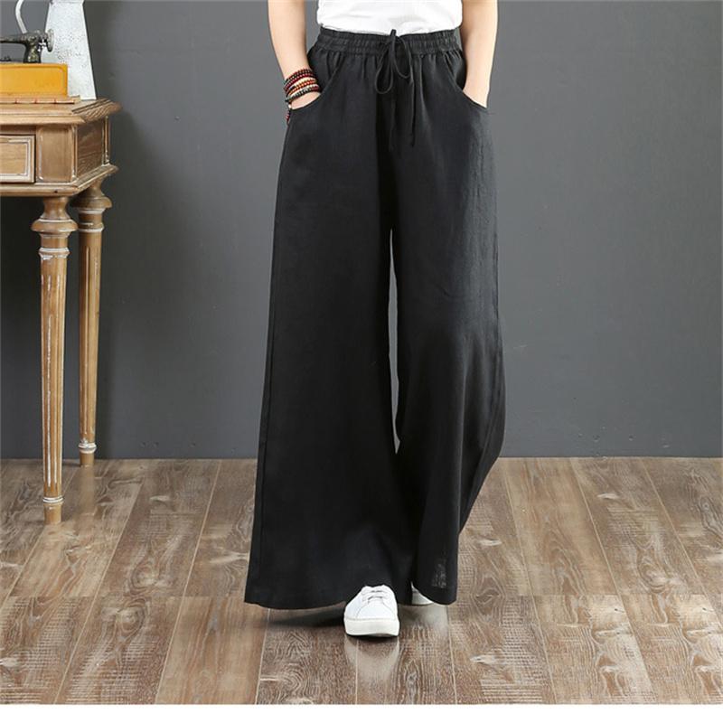 Spring Autumn Hip Hop Streetwear Female Solid Cotton Linen Wide Leg Pants Women Vintage Harajuku Boho Casual Ladies Trousers