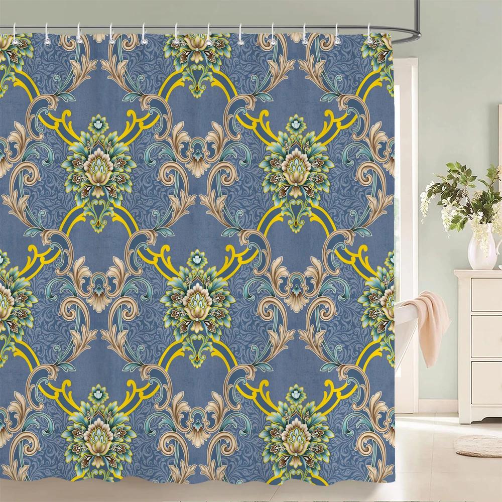 1Pc European Style Golden Flowers Shower Curtain Waterproof Fabric,Floral Print Partition Curtain Decorate Bathroom Curtain