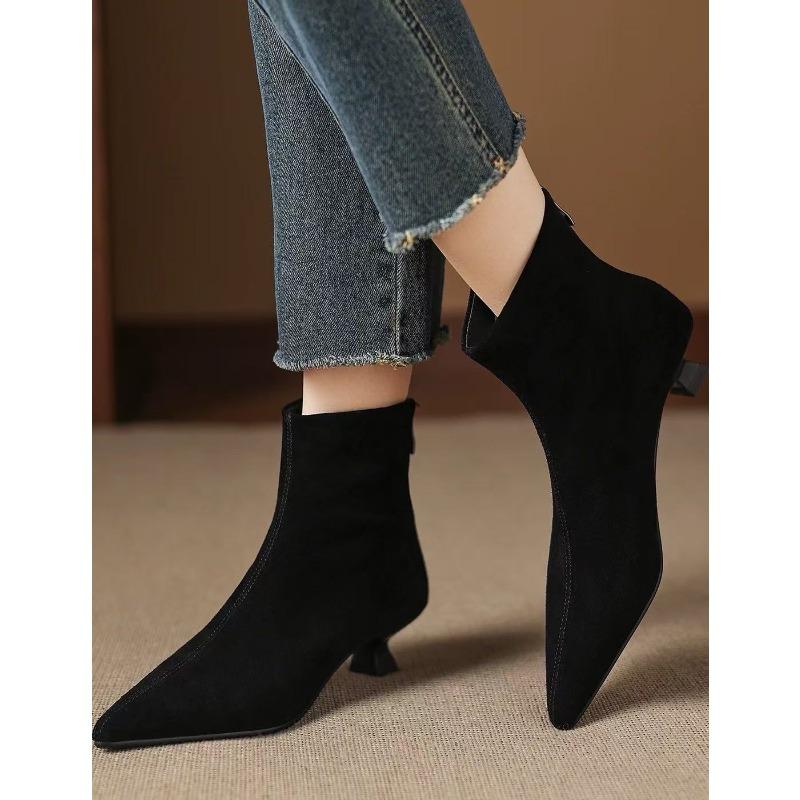 Booties Fall 2026 New Skinny Boots Pointed Toe Stiletto Heel French Pointed Toe Scrub Leather Boots for Women 35 чёрный