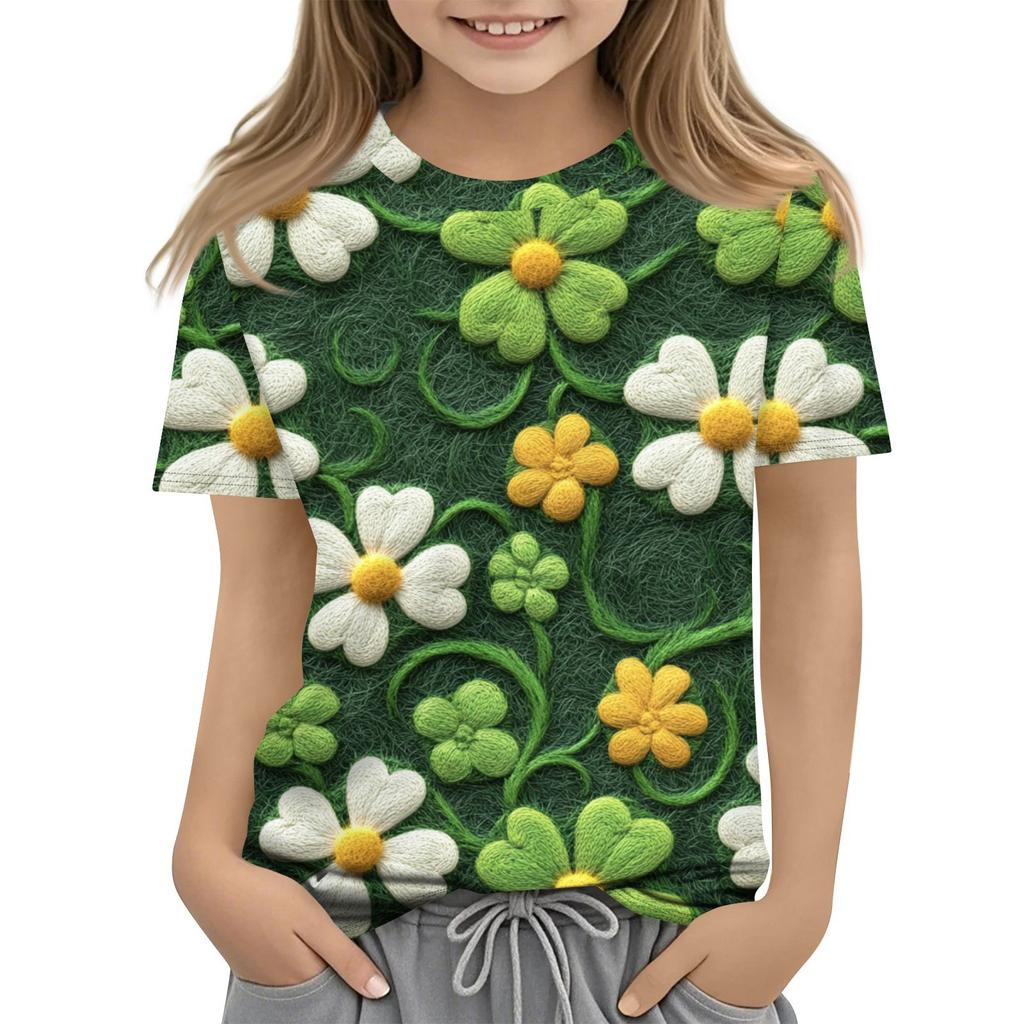 Cut Cartoon Mardi Gras Print T-Shirt Children's T Shirts Kids Girls Clothes Saint Patrick's Day Elsa Series Casual Tops Tees