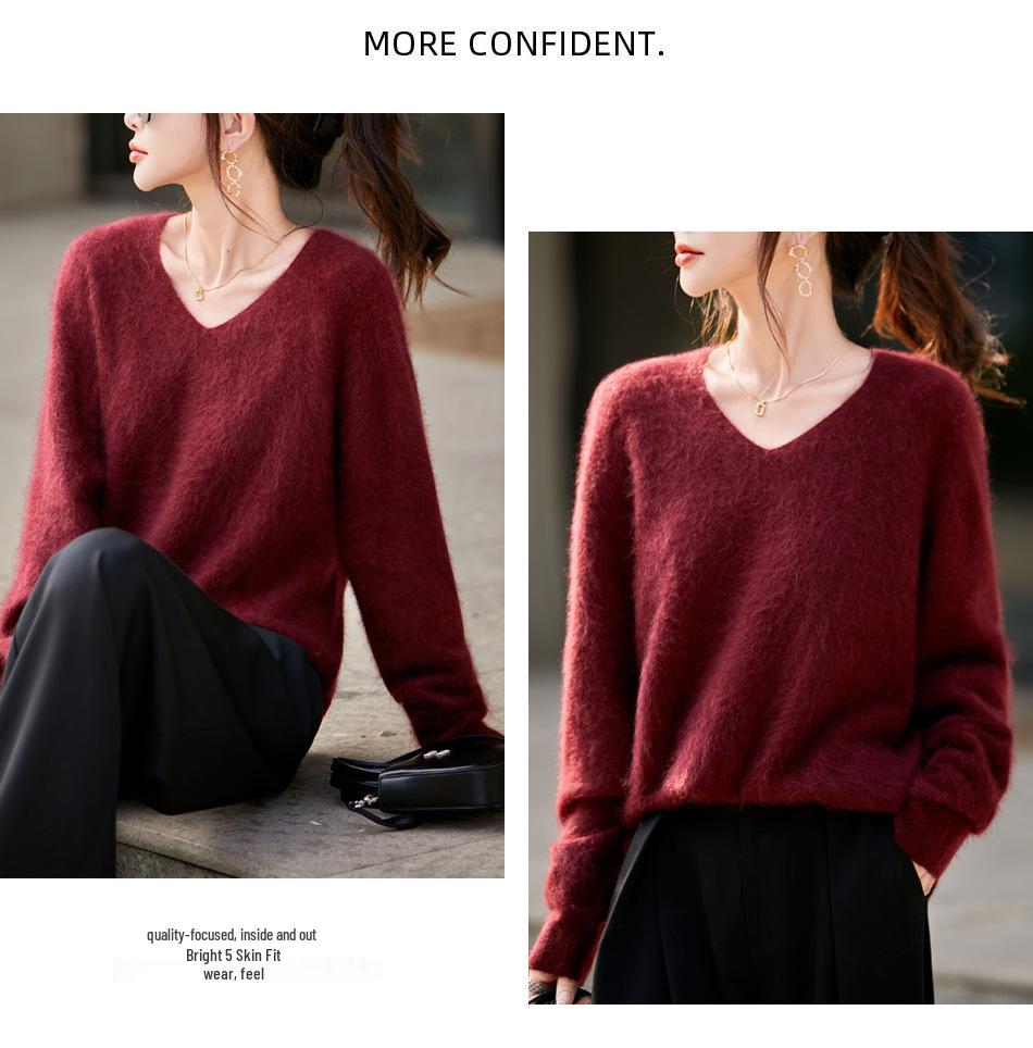 Autumn & Winter 100% Pure Wool V-Neck Loose Women's Knitted Sweater