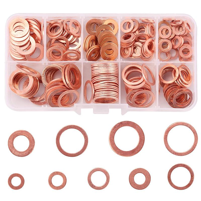 200-Piece Purple Copper Sealing Washers Set, M5-M14, High Temp & Pressure Resistant Flat Washers