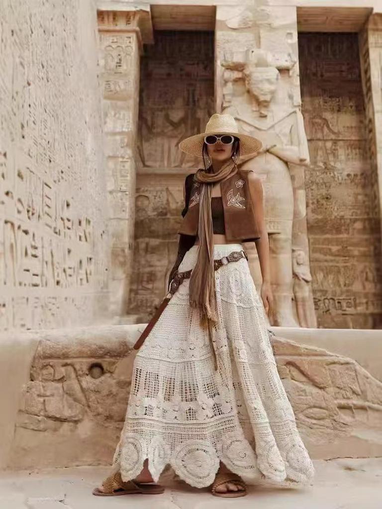 Elastic Waist Crochet A-Line Skirt - Korean Style, Mid-Length, Embroidered, Wide Hem, Slimming Design