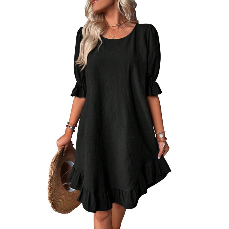 

Женское винтажное хлопковое льняное платье со средним рукавом и круглым вырезом, однотонная юбка, платье со свободным подолом, кружевные платья L