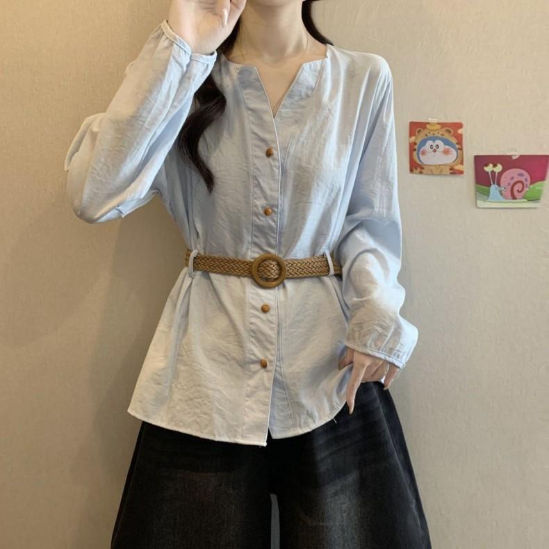 

Autumn new blue V-neck long-sleeved shirt fat mm thin lace-up waist top fashionable and versatile 3XL синій