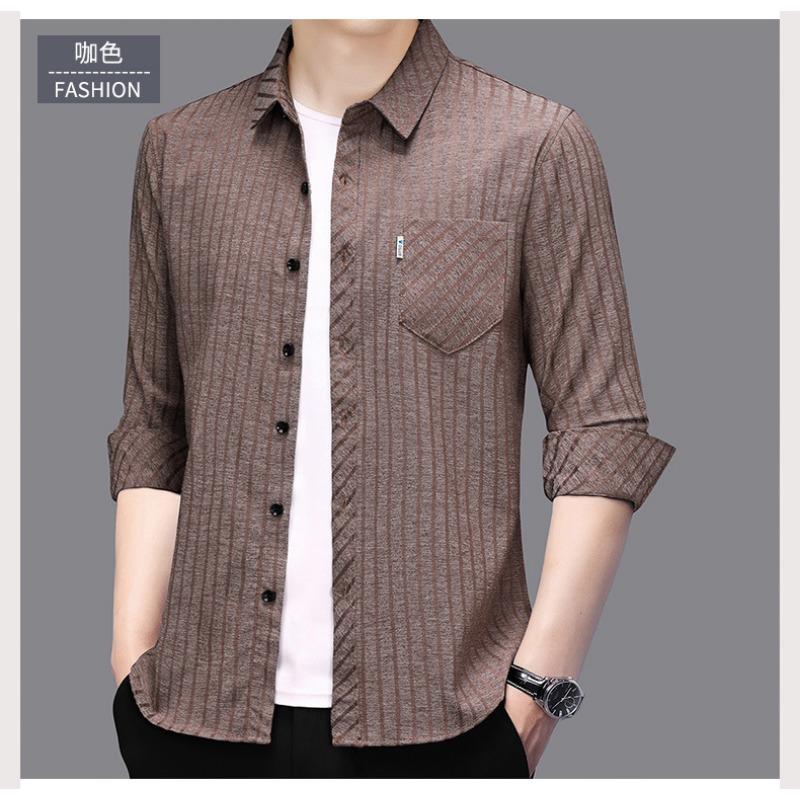 Smooth Anti-pilling Mulberry Silk Men's Long-sleeved Shirt Spring and Autumn New Striped Shirt No Ironing