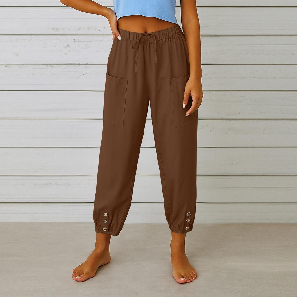 Women's Fashion Solid Color Hemp Cotton Pocket Leg Tight Waist Casual Pants