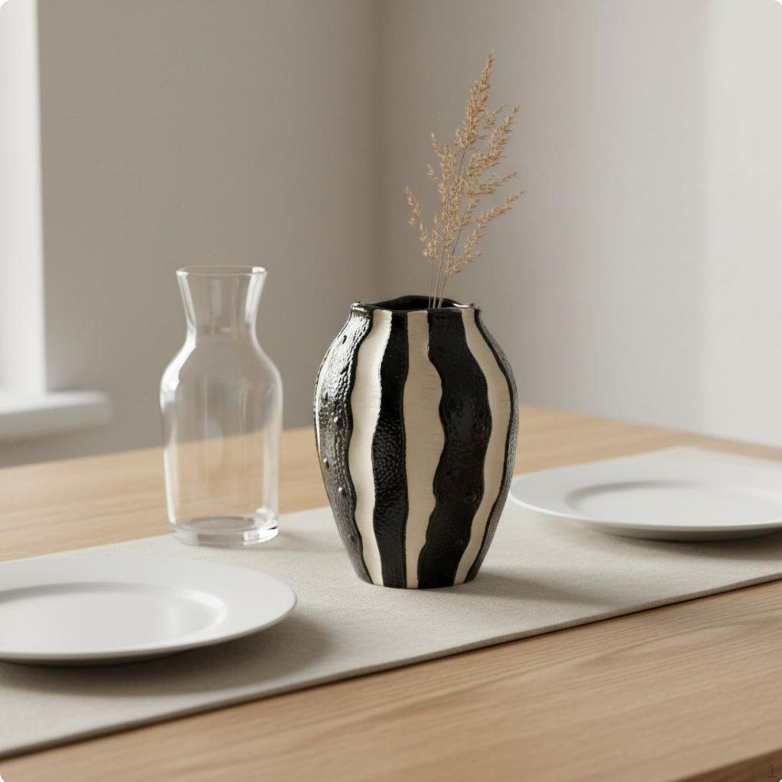 Black and White Striped Vase Minimalist Design Vertical Stripe Flower Statement Centerpiece