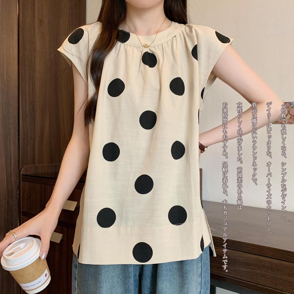 RoyzTocz Short Sleeve Round Neck Blouse with Polka Dots and Summer Plus Women's Slits. Top. Elegant, Size, Fashionable, Casual, Stylish, Slimming,