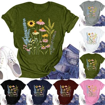 Lässiges T-Shirt für Damen mit Rundhalsausschnitt, Blumendruck, kurzärmelig