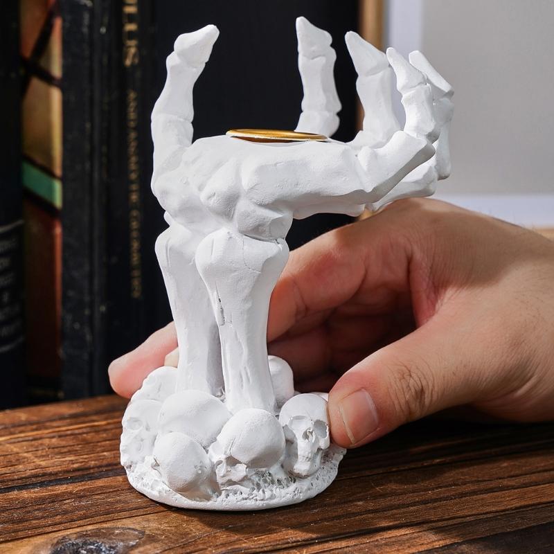 Resin Skeleton Hand Decors Candle Holders, Gothic Accent Rings, Bracelets, Necklace Stand for Halloween Centerpieces, Shelves, and Mantels Displays