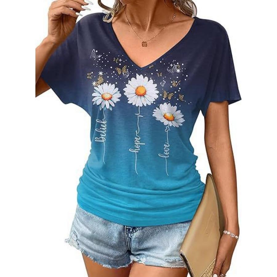 women fashion v neck short sleeve 3d print t shirt summer comfortable sportwear tops