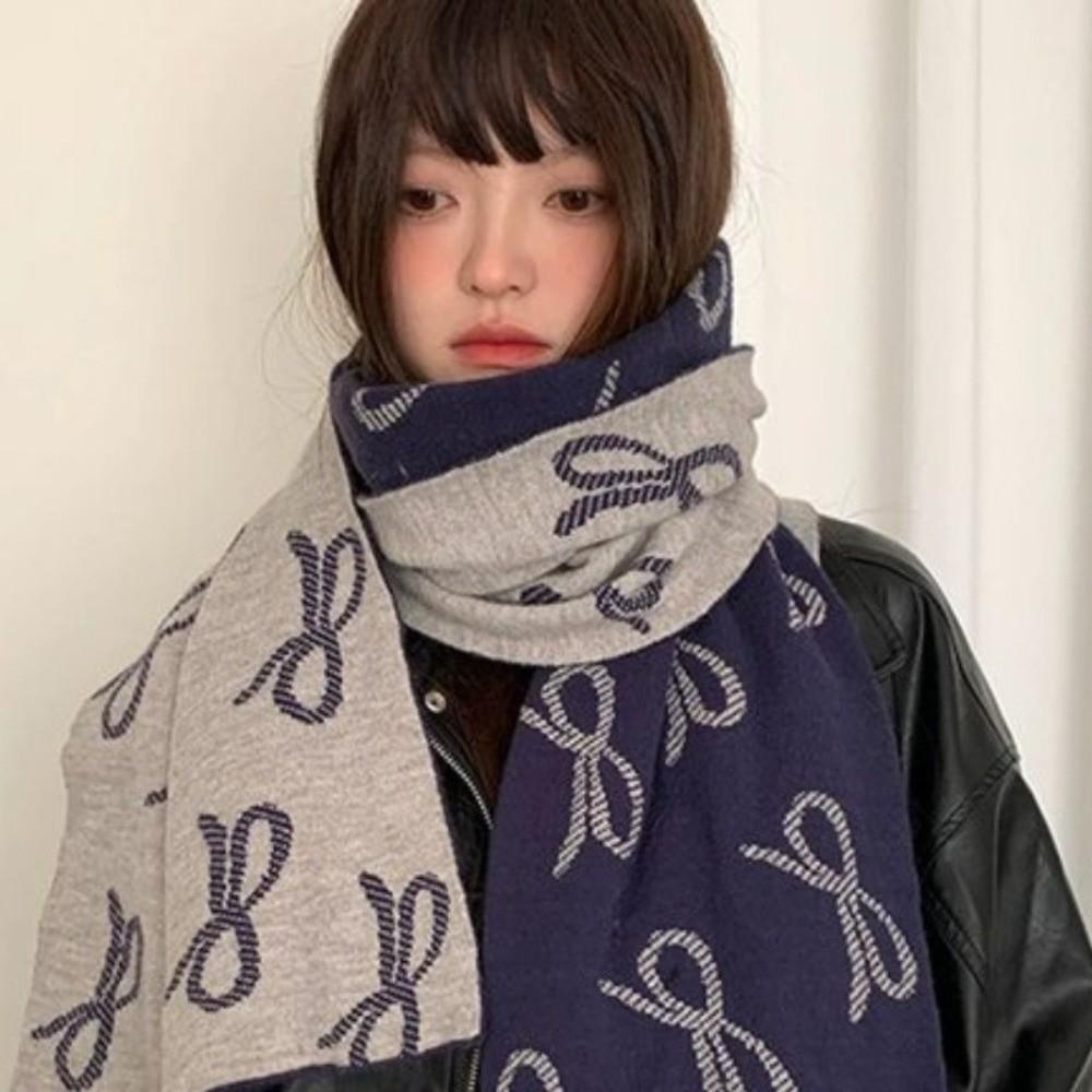 Korean Style Imitation Wool Scarf Two-sided Winter Shawl Fashion Bow Scarf  Gift