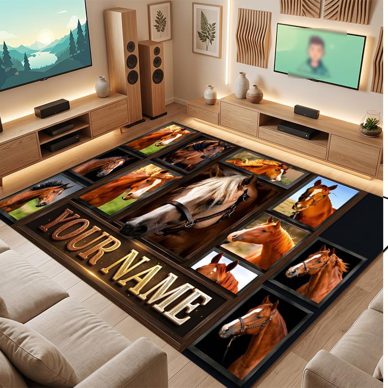 Horse Theme Soft Crystal Velvet Rug Custom Name & Text Print Non Slip Floor Rug for Bedroom Living Room
