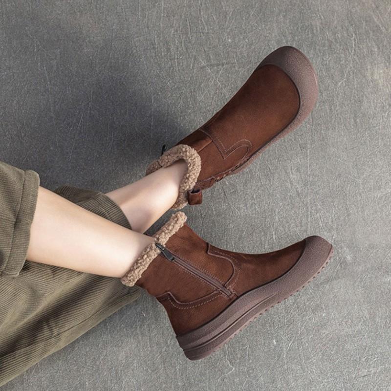 Johnature Plush Warm Retro Genuine Leather Thick Bottom Short Boots Versatile Soft Soled Women's Shoes