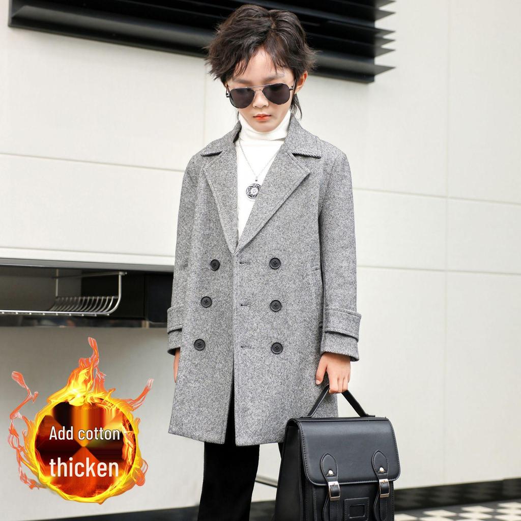 Boys' Mid-Length Wool Trench Coat - Stylish and Warm Korean-Style Overcoat for Autumn and Winter