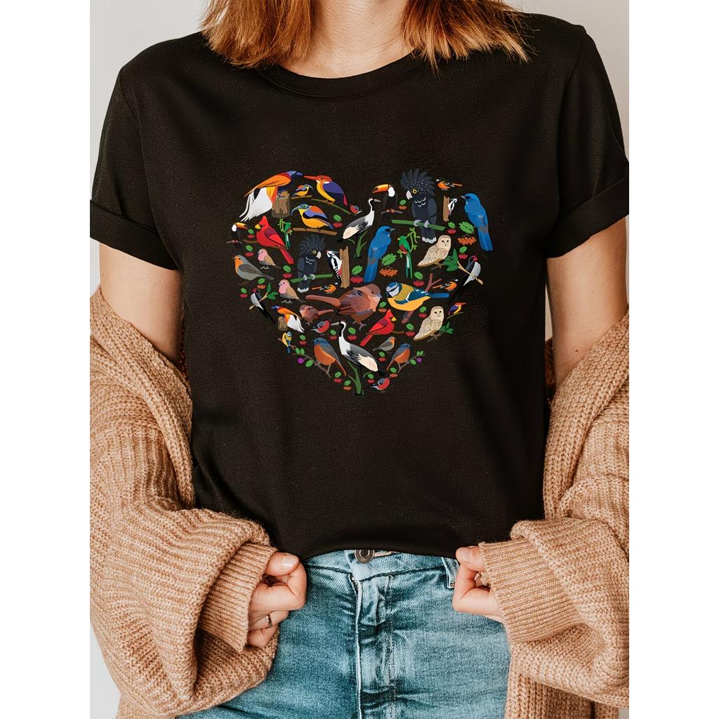 Bird Lover's Heart Birdwatching Letter Print T-shirt, Short Sleeve Crew Neck Casual Top for Summer & Spring, Women's Clothing