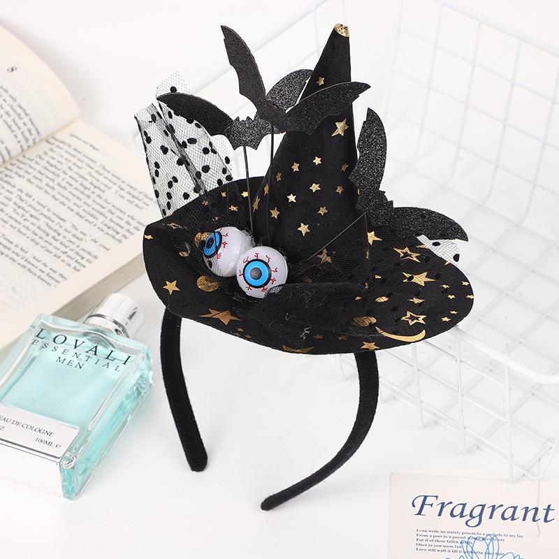Halloween Witch Pointy Hat Headband, Scary Eyeball Bat Spider Feathers, Decorative Ball Show Headbuckle