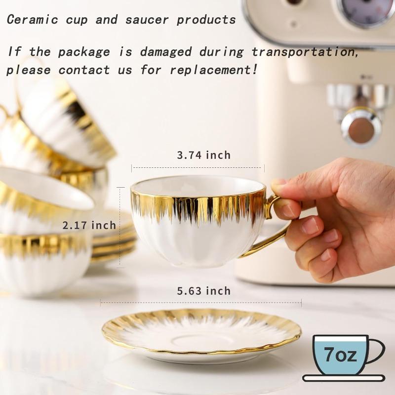 Cappuccino Cups with Saucers, 7 oz Porcelain Double Espresso Cups Set, Ceramic Turkish Coffee Cups with Gold Trim