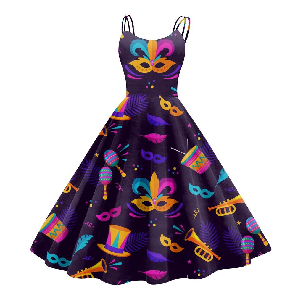 Dámské šaty, Karnevalový potisk, Sexy ramínka, Velká výstava, Retro šaty