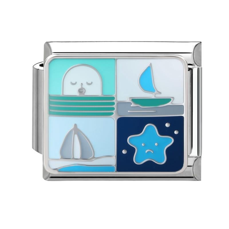 Blue Sea Waves Sun Moon Plane Seabed Star Butterfly Beads Fit 9mm Italian Charm Links Bracelet Stainless Steel DIY Jewelry Gifts