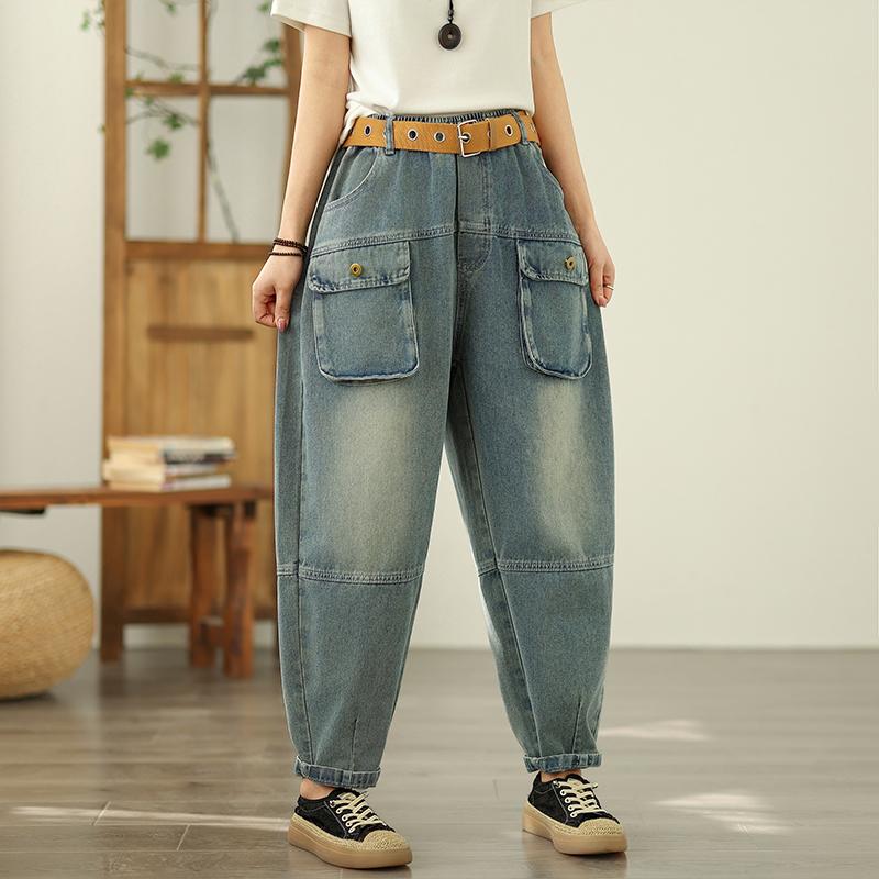 DIMANAF Plus Size 2025 Women Jeans Summer Pants High Waist Loose Pockets Elastic Basic Harem Pants Maxi