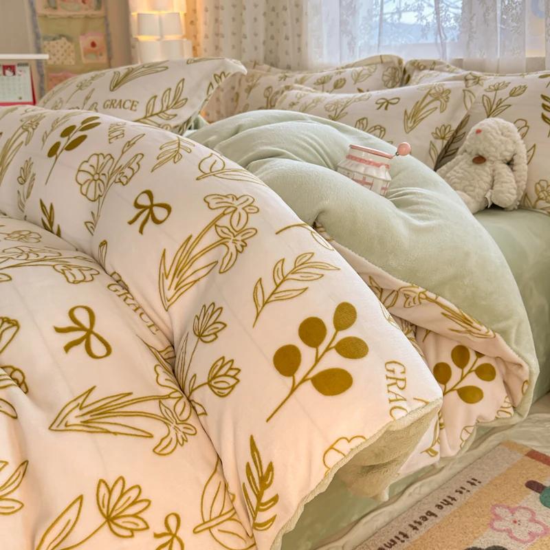 2024 New Class A Small Fresh Printed Milk Fleece Single Bedding Set Thick Warm Cartoon Quilt Cover Fall and Winter Duvet Cover