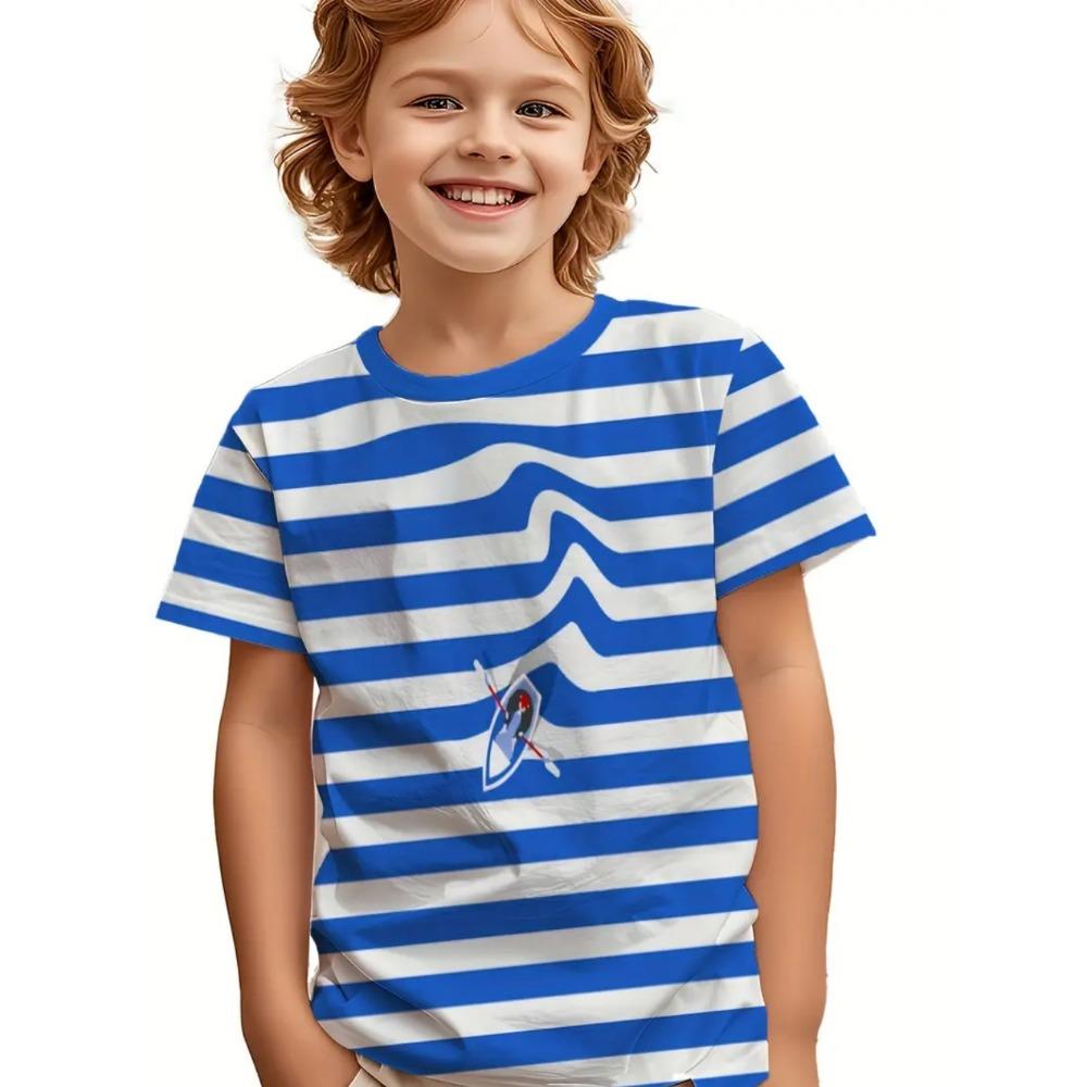 Children's clothing, solid color stripes, 3D printing, casual retro short sleeved T-shirt, summer round neck children's T-shirt