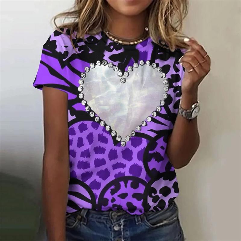 Summer Round Neck Colorful Cartoon Love Pattern 3D Print Top Fashionable Casual Short Sleeved Women's T-shirts