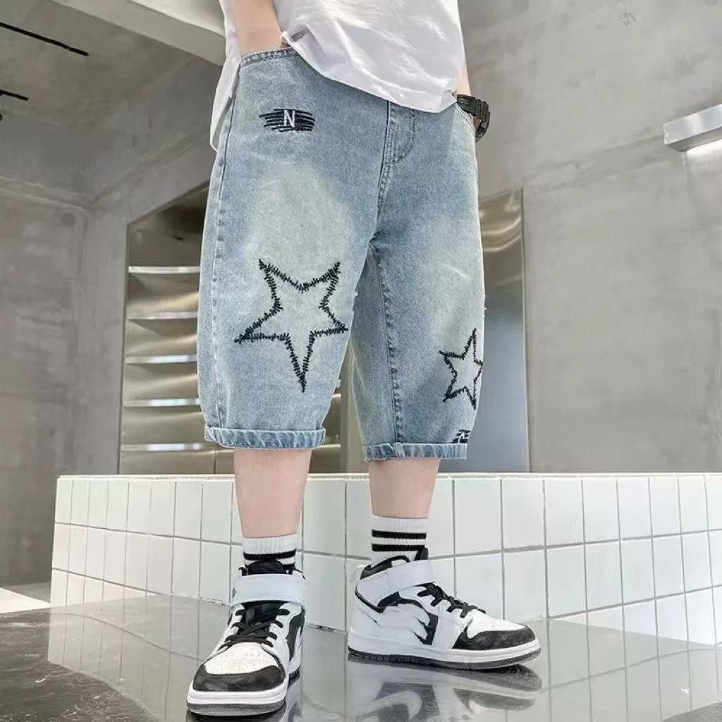 Boys Straight Denim Shorts Summer Children Casual Wide-leg Knee Length Pants Teenage Jean Short Trousers Kids Clothing 5-14 Year