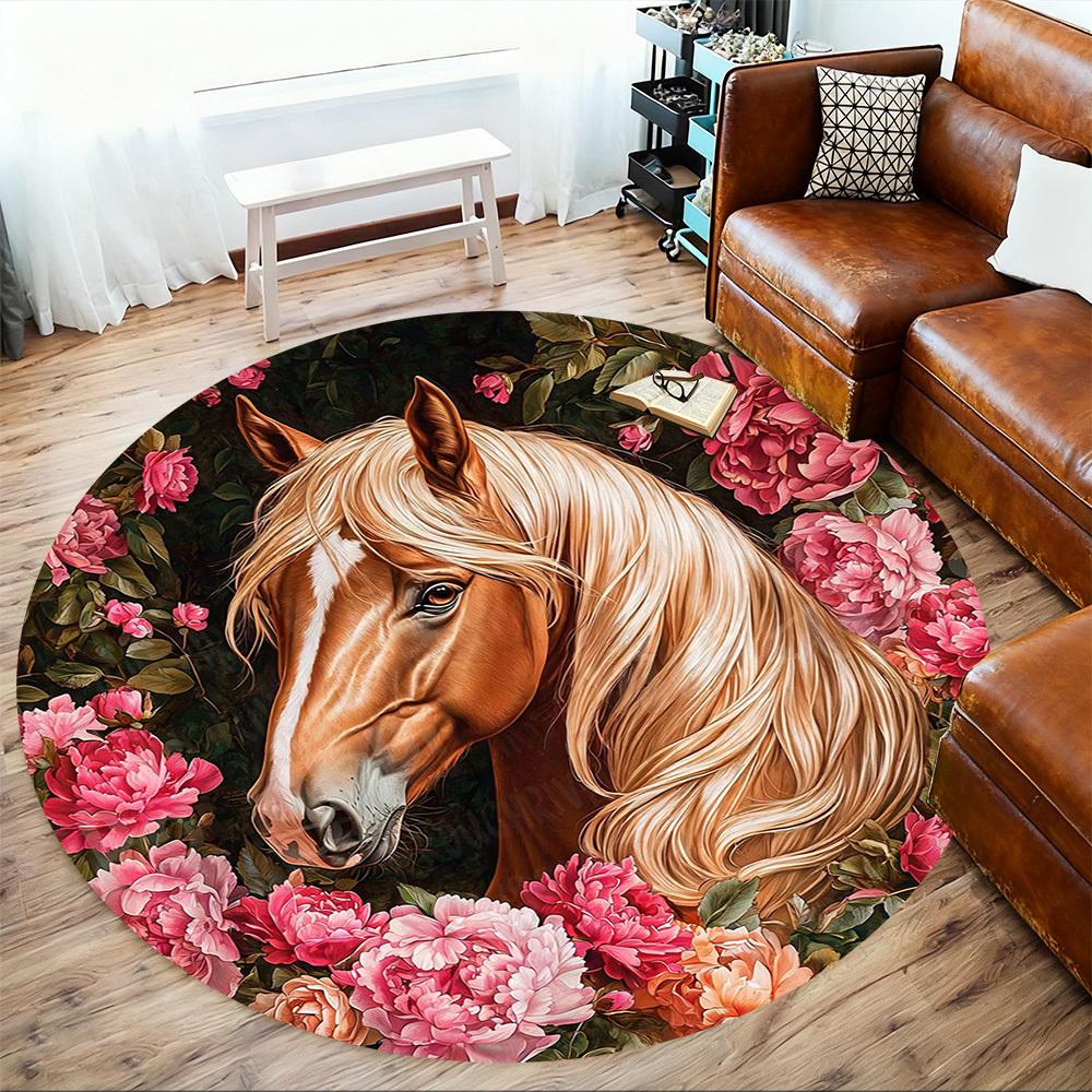 1 Stück Pferd Blumen Büro Runder Teppich, Unter Bürostühlen Schlafzimmer Wohnzimmer Heimdekoration, Teppich für Büro -1110119