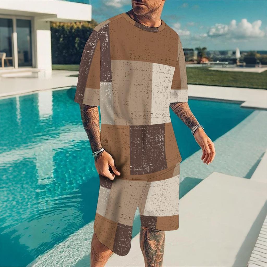 Men Earth Tone Distressed Square Block Print Short Sleeve Tee And Matching Shorts Two Piece Outfit
