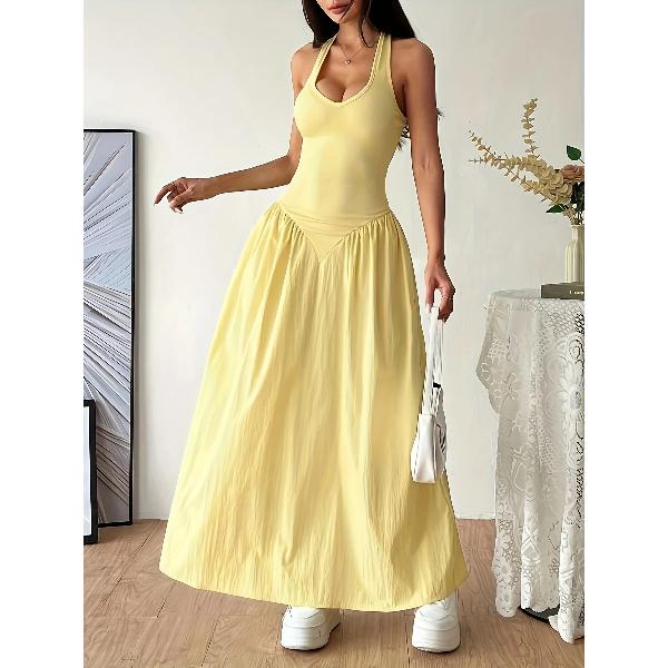 Women Yellow Halter Neck Maxi Dress Sleeveless V-Neck Backless A-Line Long Dress Casual Summer Elegant Beach Party Dresses