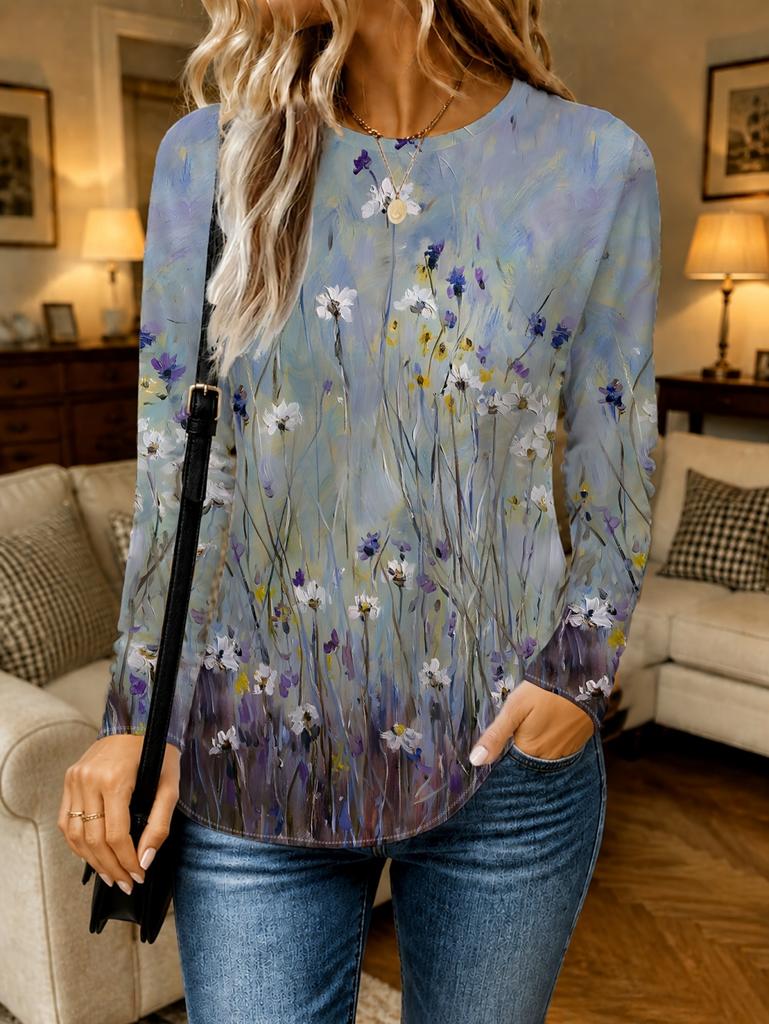 Women's T-Shirt Floral Graphic Plants Retro Long Sleeve O-Neck Pullover Regular Tops Daily 3D Print Autumn Tees Female Clothing